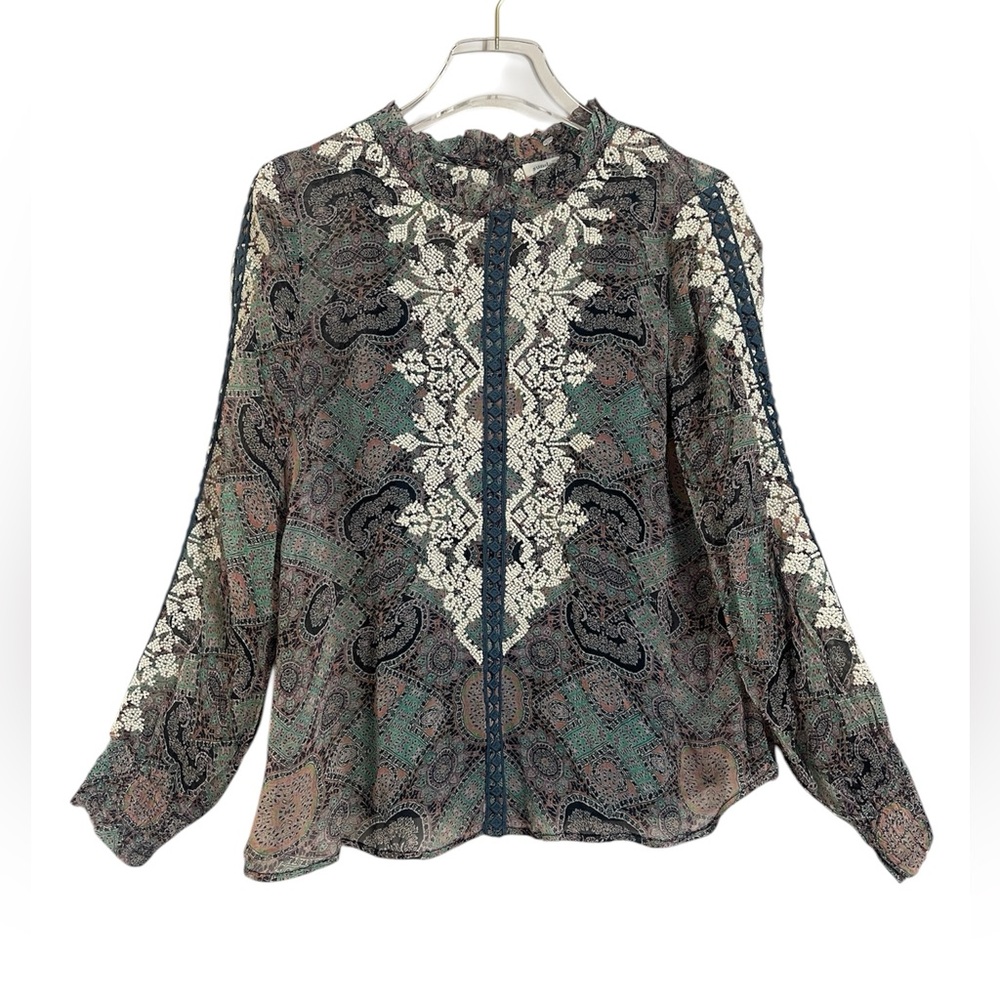 NWOT Sundance Victorian Charm Teal Paisley Lace-Trim Boho Blouse